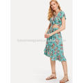 Knot Floral Top & Asymmetrical Ruffle Hem Skirt Set Manufacture Wholesale Fashion Women Apparel (TA4095SS)